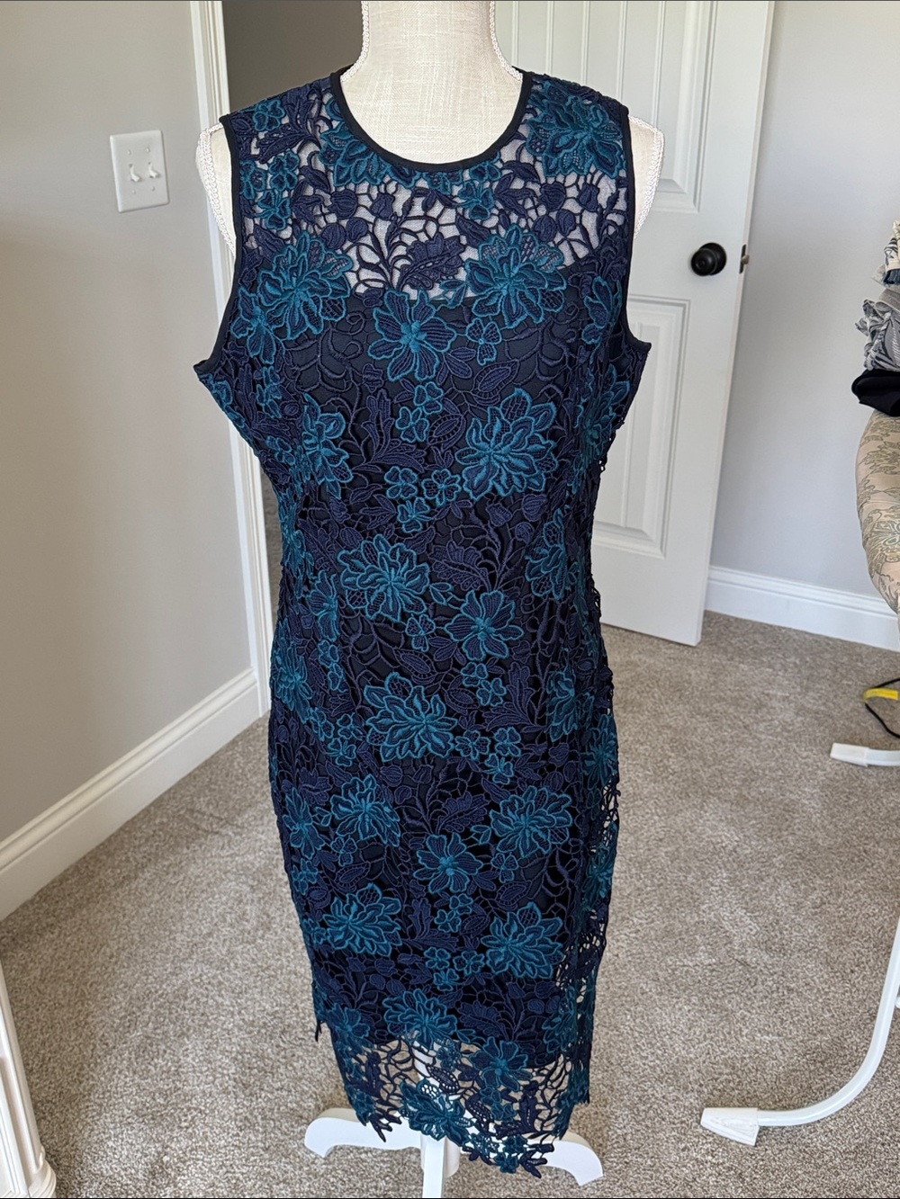 White House Black Market Navy Dress with Teal Floral Lace